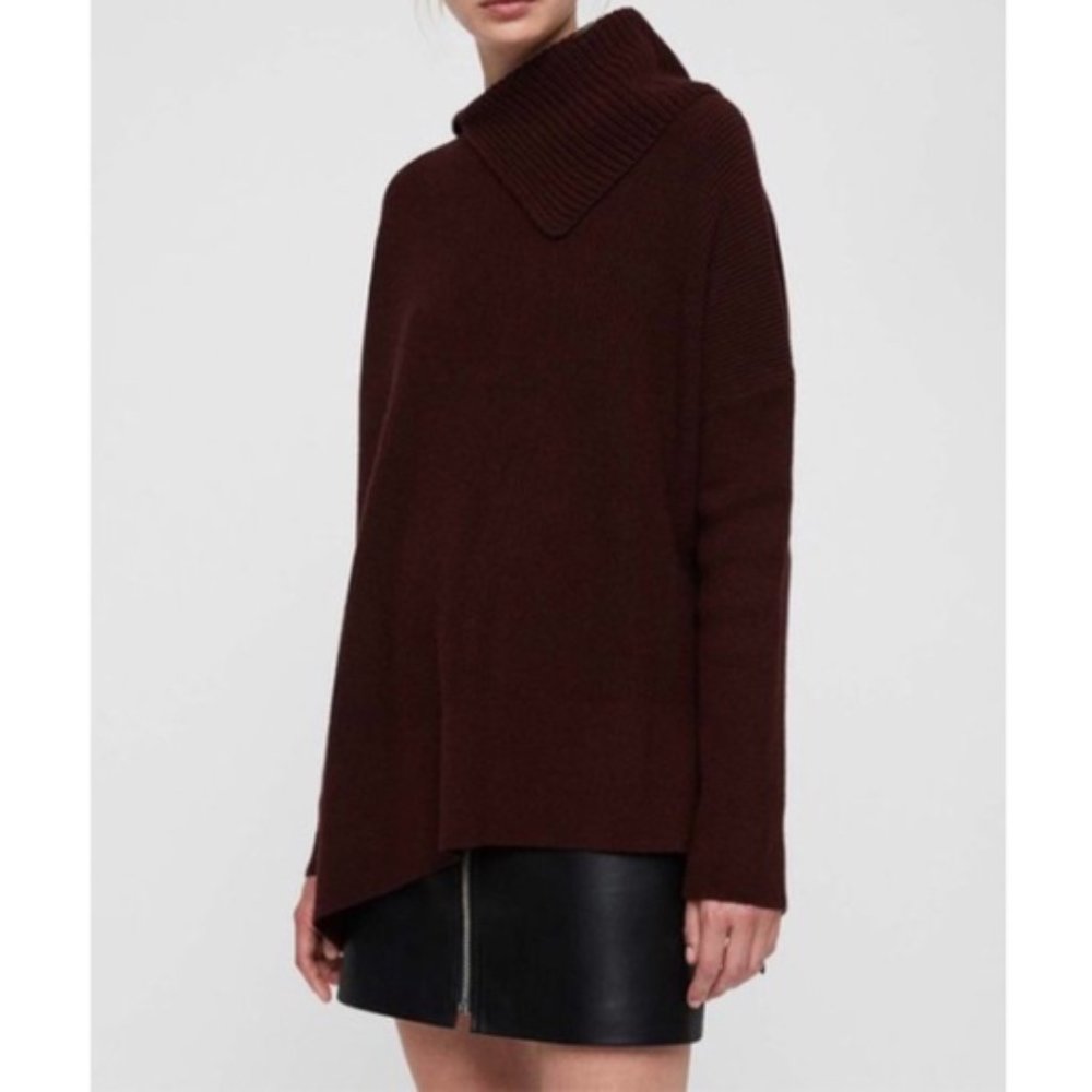 AllSaints Hettie Drape Collar Wool Cashmere Blend Sweater - Dark Rust Red